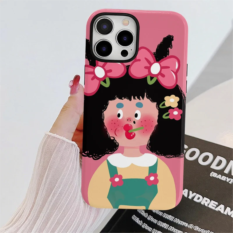 Cartoon Girl Pink Background Kawaii Style Cute Illustration Dual-Layer Hybrid Phone Case for iPhone 12-17 Series - view 6