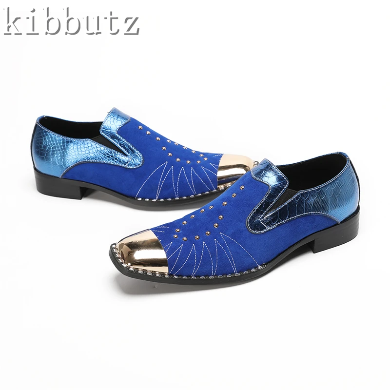 

Blue Patchwork Rivets Men Oxford Loafers Square Toe Slip On Dress Shoes Brand New Fashion Casual Business Shoes
