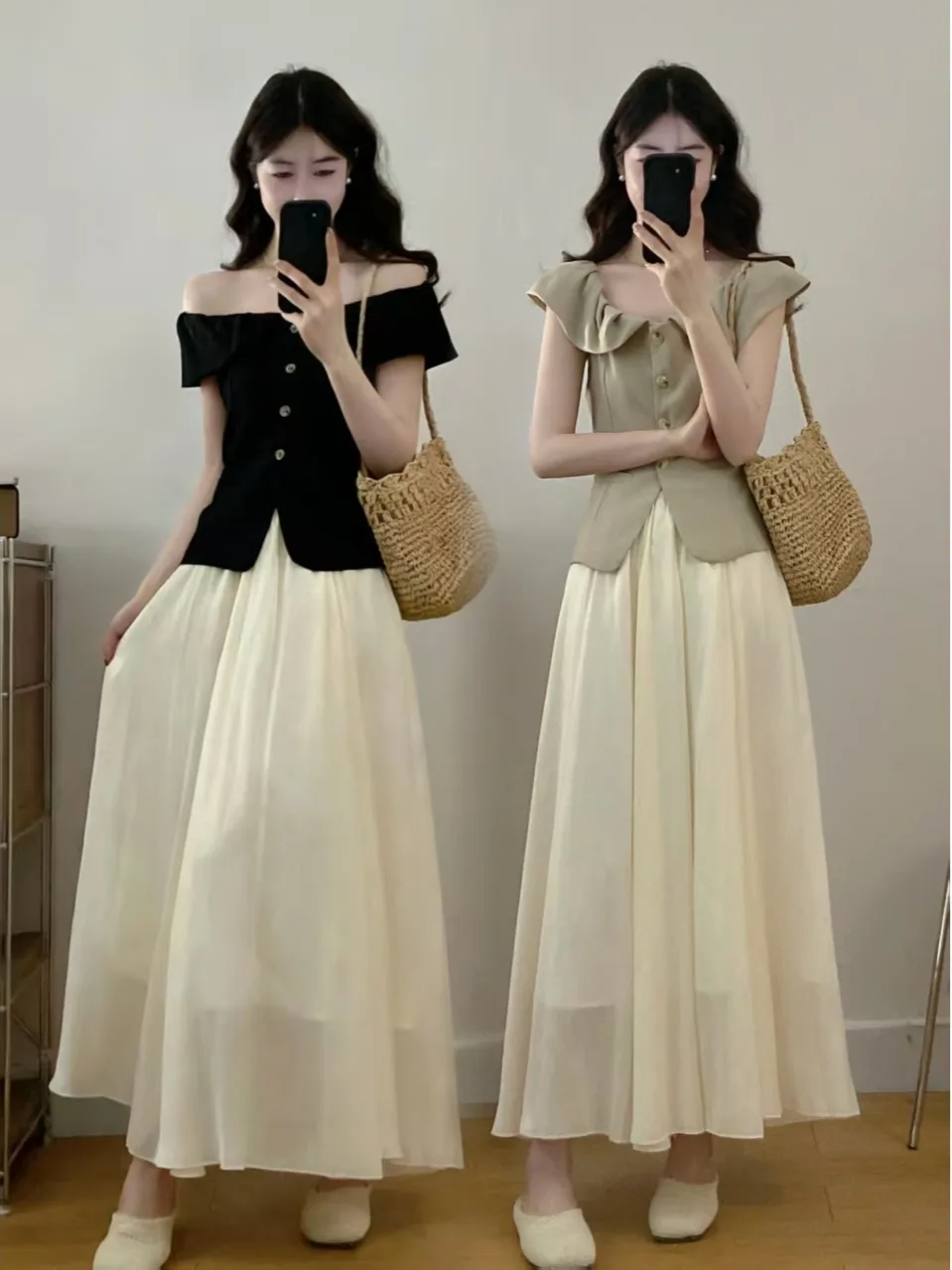 

Элегантный летний модный комплект: женский топ с коротким рукавом и завышенной талией, утягивающая юбка-полусолнце с кружевной отделкой, дизайн на одно плечо, две части