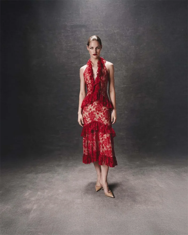

Red Lace Women Prom Dress Sexy Halter Sleeveless Backless Long Party Gown Tiered Tulle Formal Birthday Red Carpet Robe