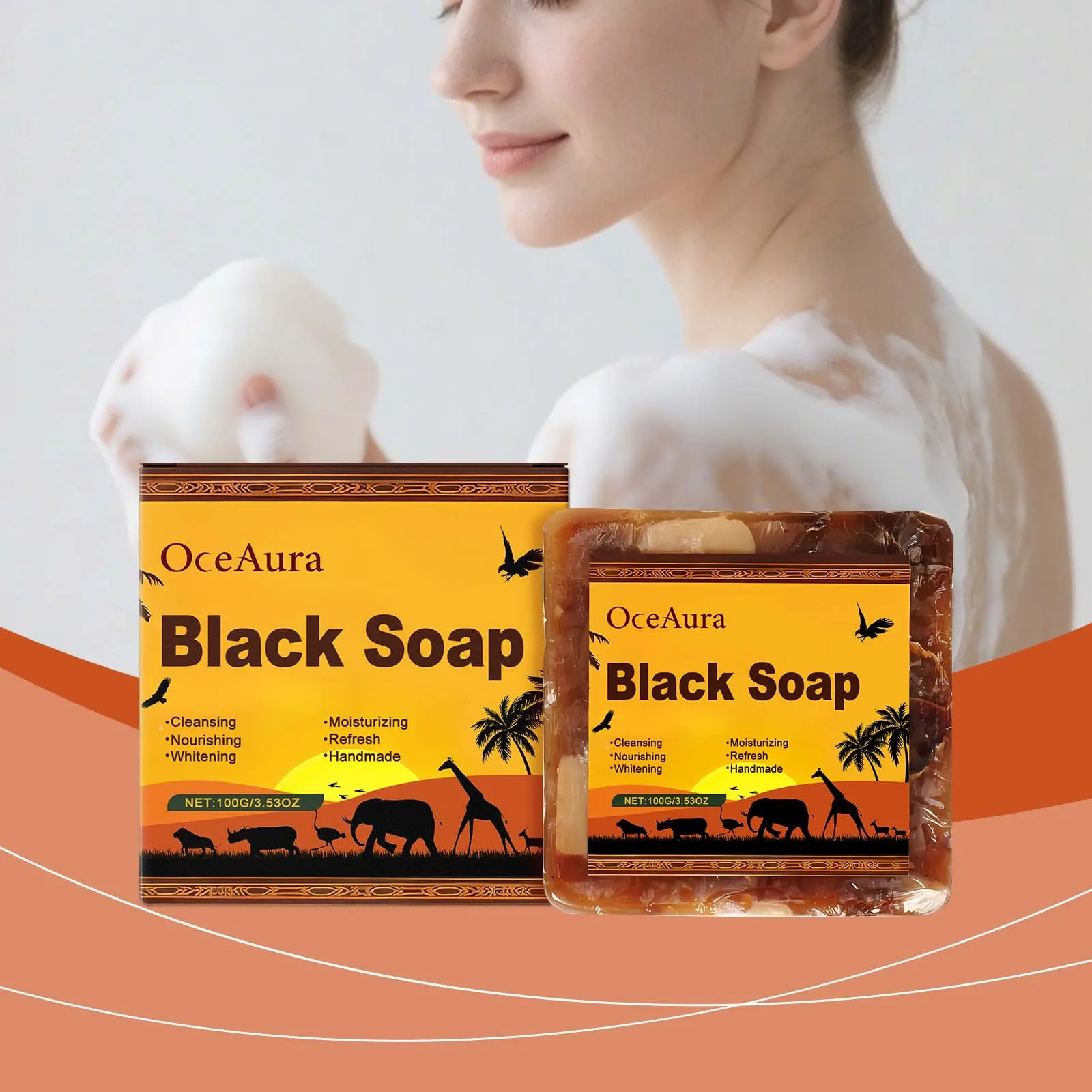 OCEAURA African Black Soap Deeping Cleaning Remove Dirt Improve Dullness Relieve Roughness Reduce Fine Line Body Nourishing Soap