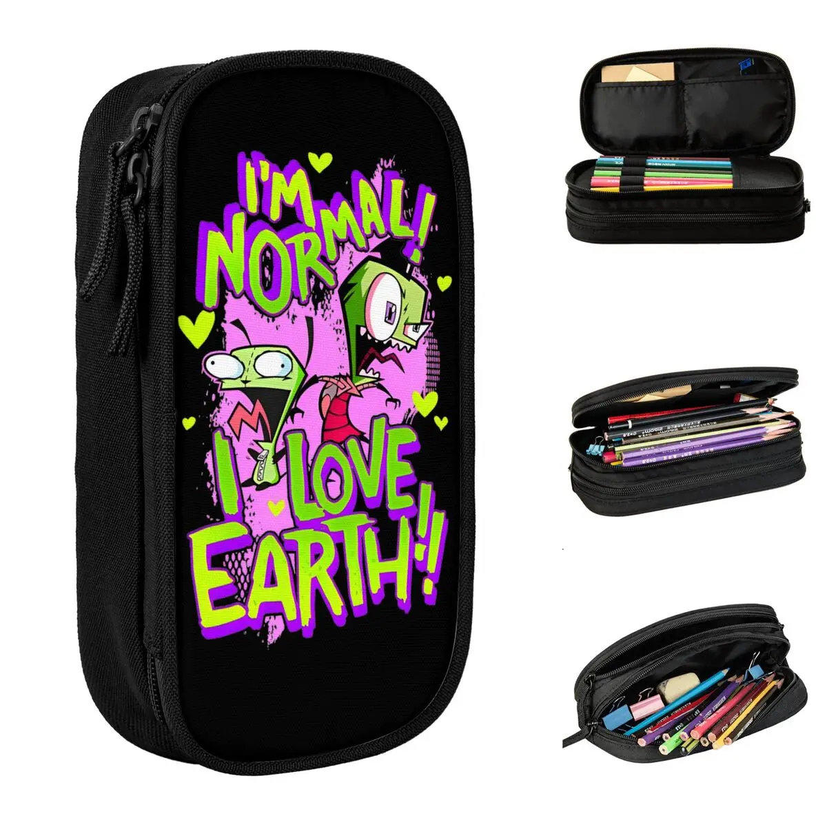 Large-capacity Pen Box Invaders Zims & GIR I'm Normal I Love Earth Merch Double Layer Pen Case Women Make Up Bag Perfect Gifts