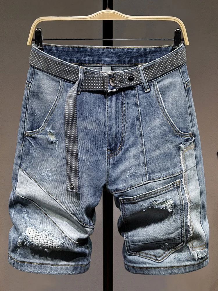 

Модные рваные джинсовые шорты для мужчин, летние, в стиле пэчворк, с цветными вставками, рабочие, со средней посадкой, из плотного денима, бриджи до колена