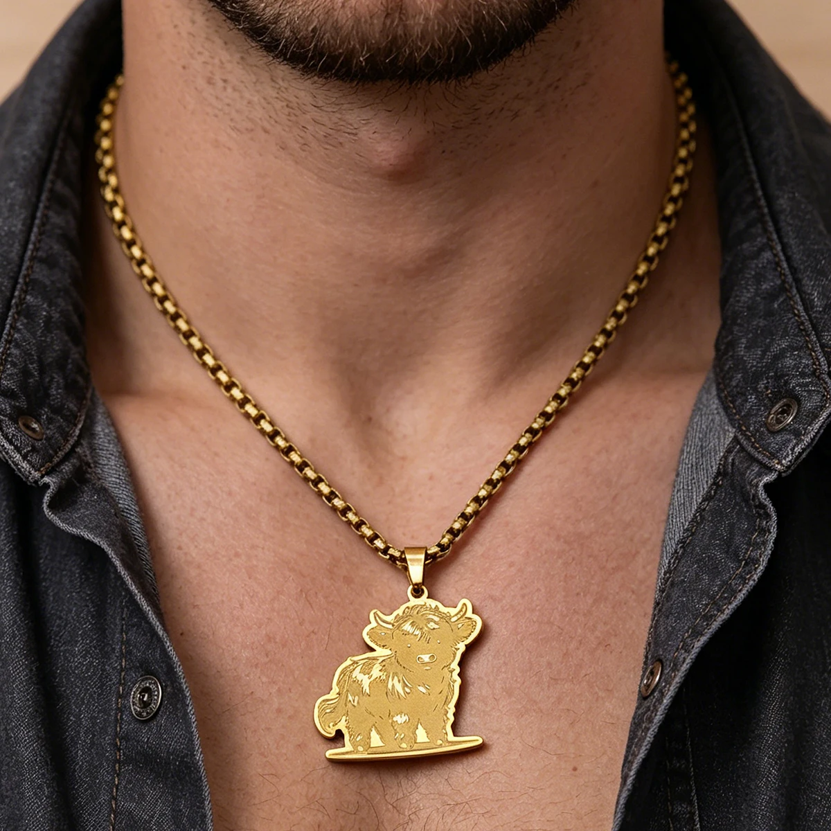 New Lovely Highland Cow Riding Skateboard Charm Necklace Thick Chain Stainless Steel Punk For Men Women Daily Wear Jewelry