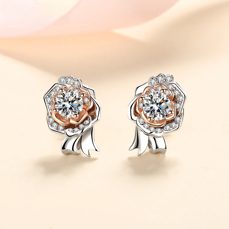 S925 Sterling Silver Single Rose Moissanite Stud Earrings  Minimalist Simulated Diamond Jewelry