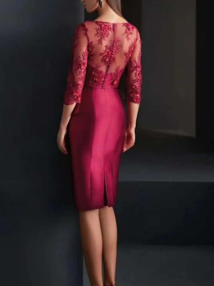 Burgundy Midi Mother Of The Bride Dress Illusion 3/4 Lace Sleeves Satin Pleated Sheath Formal Evening Party Gown Custom Size