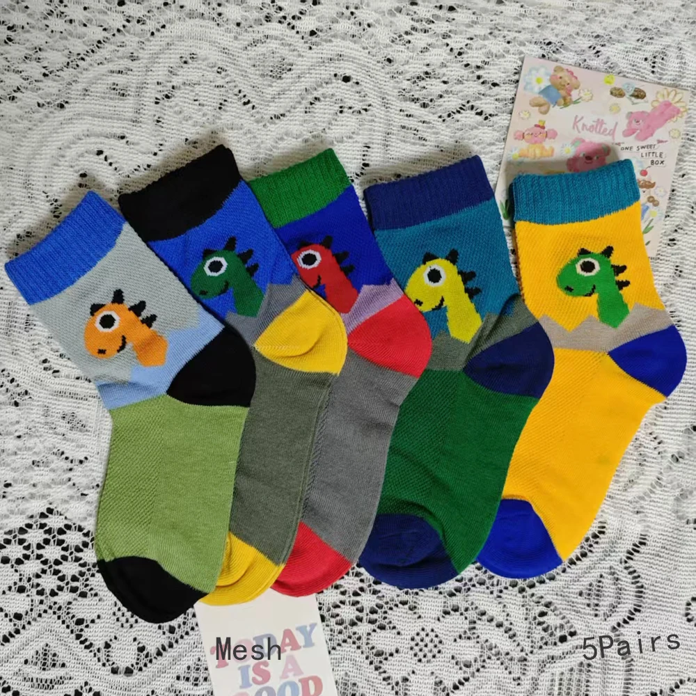 5Pairs/Lot Kids Socks Spring Summer Mesh Boys Cartoon Dinosaur Crew Socks Thin Breathable