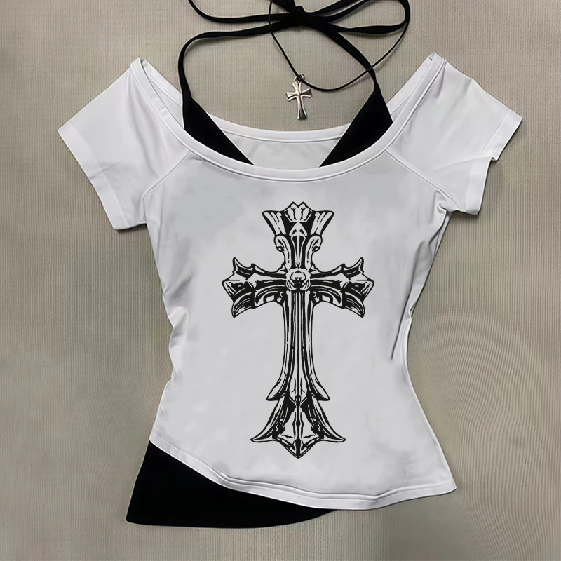 

2025 New Gothic Style Summer Y2K Fake Two Piece Cross Hip Hop Dark American Hot Short Sleeve T-shirt Women's Top