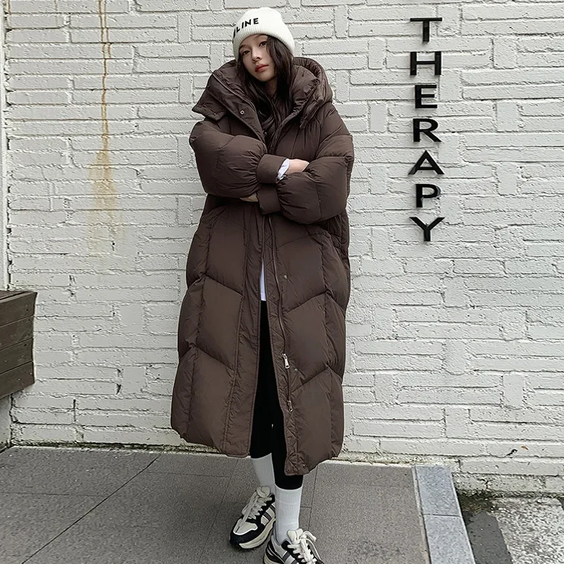 

Зимний утепленный длинный пуховик с капюшоном, теплая куртка-паркер длиной до колена, верхняя одежда на белом утином пуху, пуховики с двойной молнией JJ1095