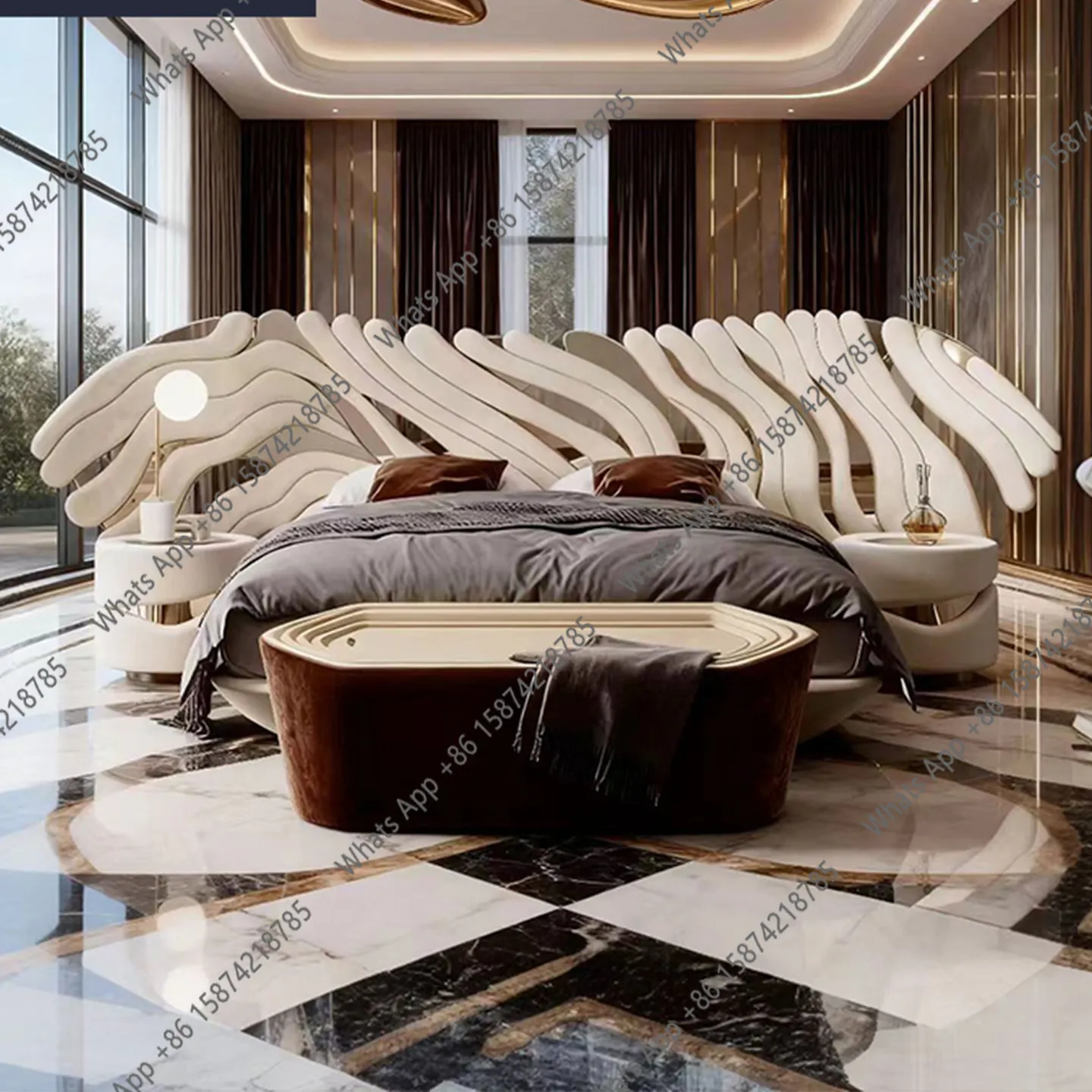 Italian light luxury haute couture villa large flat bedroom fabric bed wide screen big bed butterfly creative