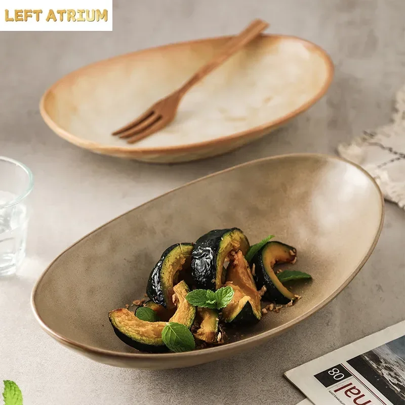 1PC Plate Japanese Retro Ceramic Tableware Household Oval Bowl Salad Plate Ship Type Restaurant Tableware