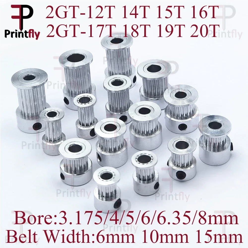 Printfly 2GT 12 14 15 16 17 18 19 20 Teeth GT2 Timing Pulley Bore 3.175 4 5 6.35 8mm Part For Width 6 10 15mm Timing Belt 1pcs