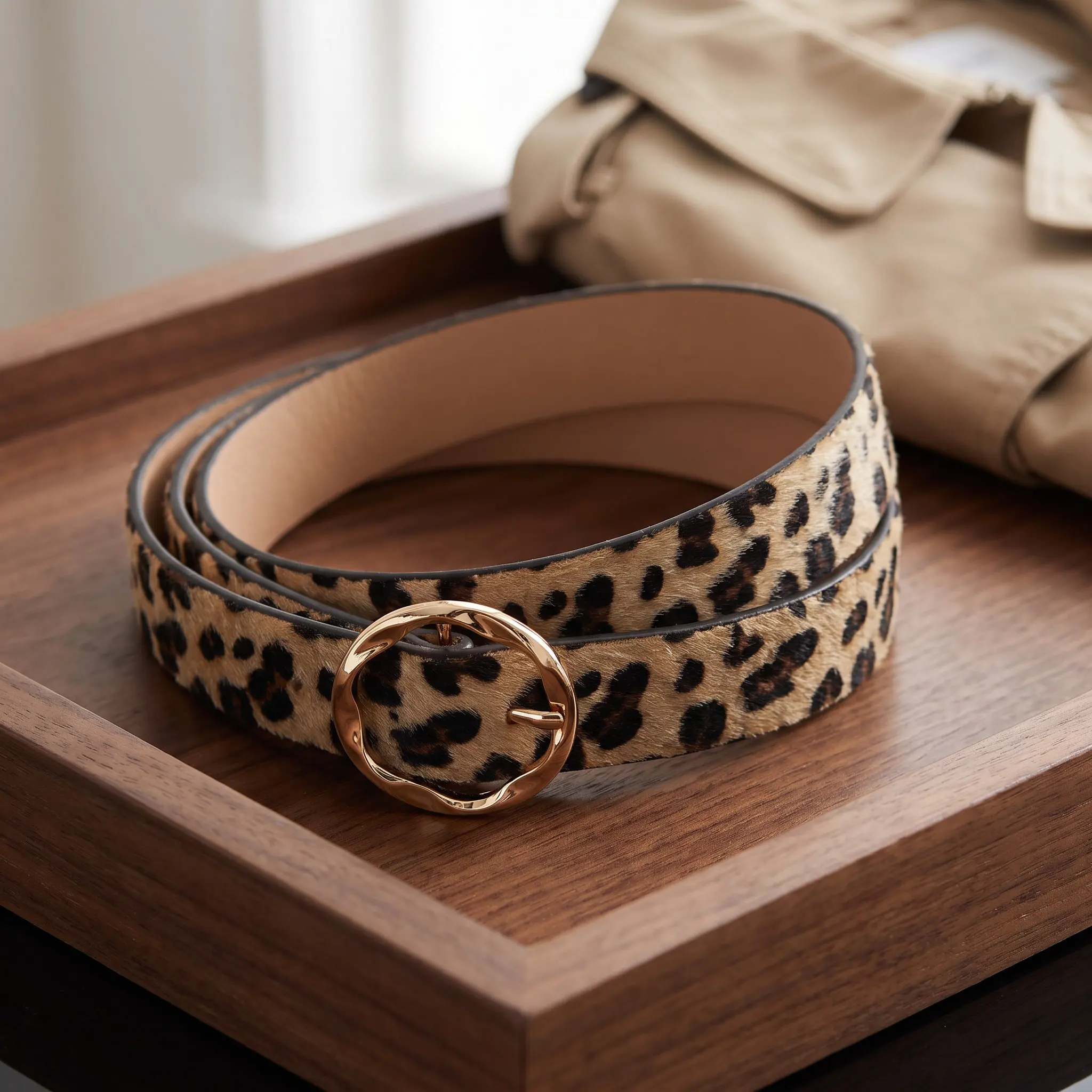 Leopard PU Belt Women Waist Belt Round Alloy Buckle Vintage Leopard Pattern for Jeans Dress Pants Fashion Accessories