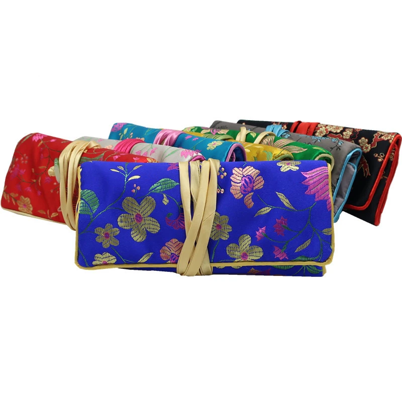 Jade Silk Brocade Travel Jewelry Roll Up Bag Portable Cotton filled 3 Zipper Pouch Drawstring Jewellery Makeup Bags Ladies Gifts