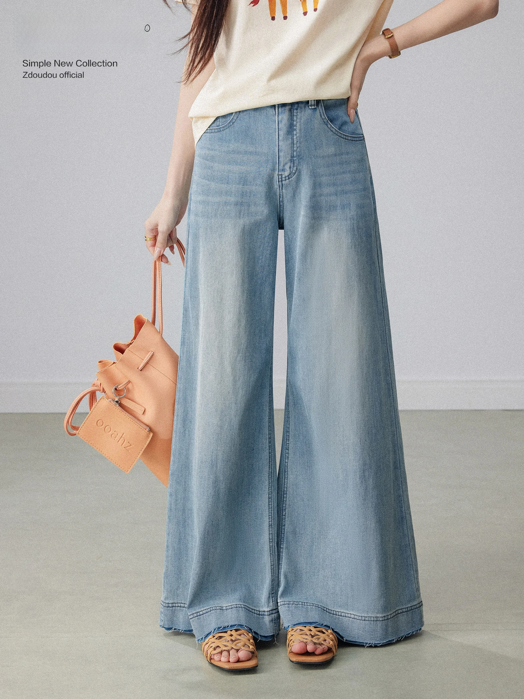 

Blue High Waist Loose Fit Slimming Wide Leg Jeans Women's Spring 2026 New Style Bell Bottoms Asymmetrical Hem Denim Pants