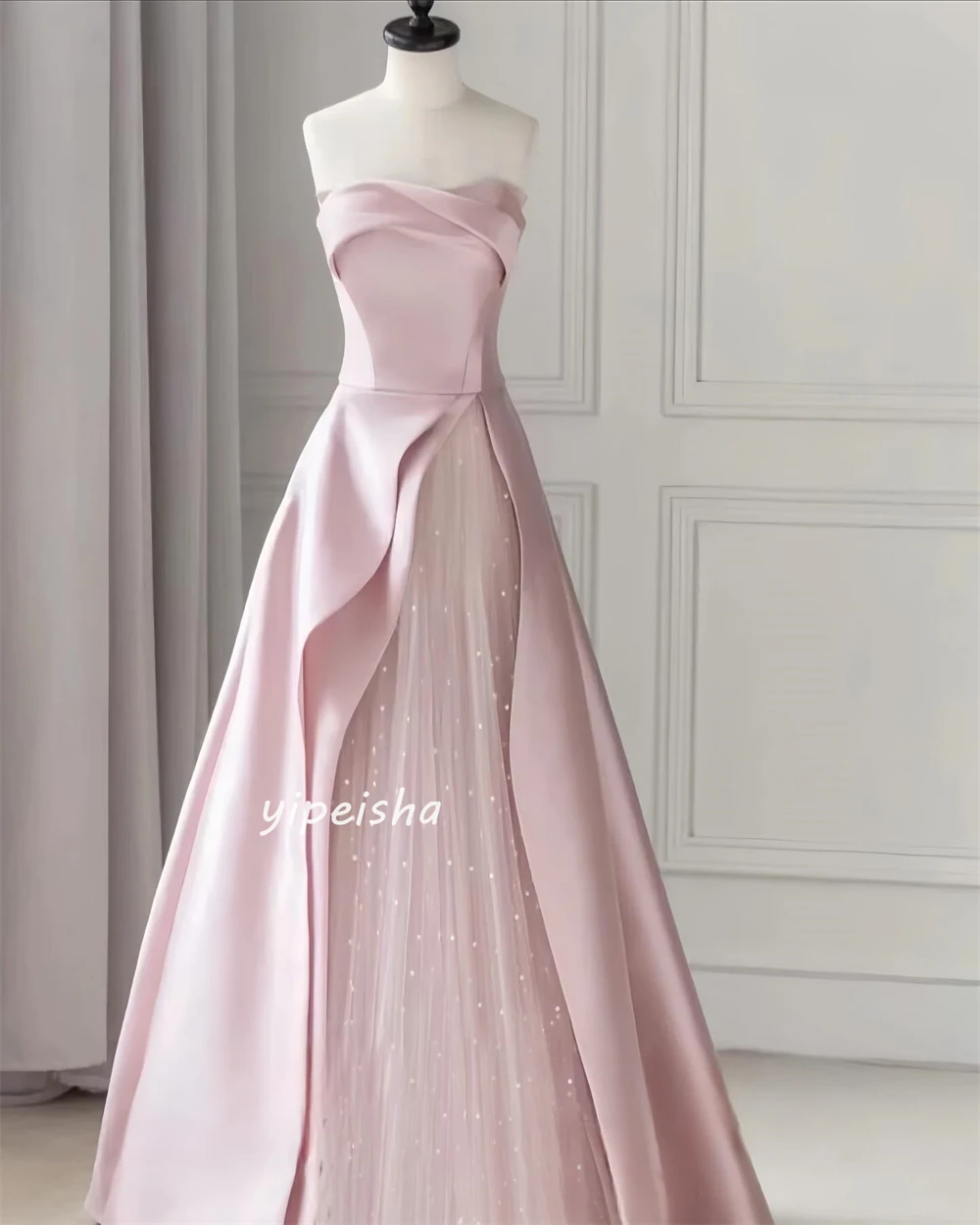  Evening Satin Draped Pleat Cocktail Party A-line Strapless Bespoke Occasion Gown Long Dresses Saudi Arabia