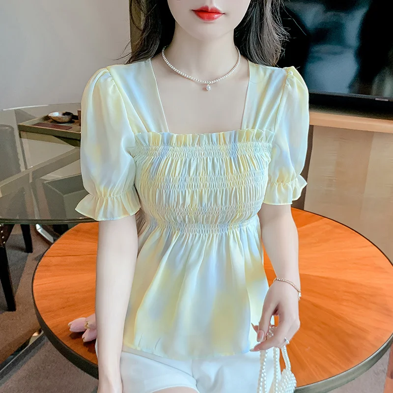 

French Sweet Square Neck Short Sleeve Women Summer New Waist Defining Blouse Slimming Top