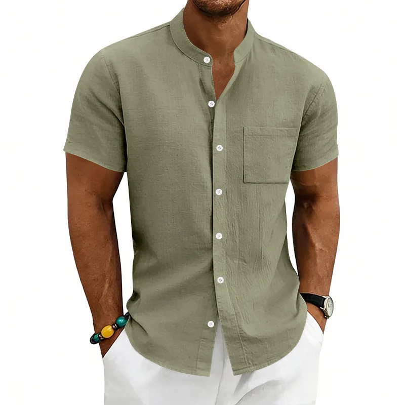 Summer Simple Men's Stand-Up Collar Loose Linen Short Sleeve Shirt Men's T-Shirt