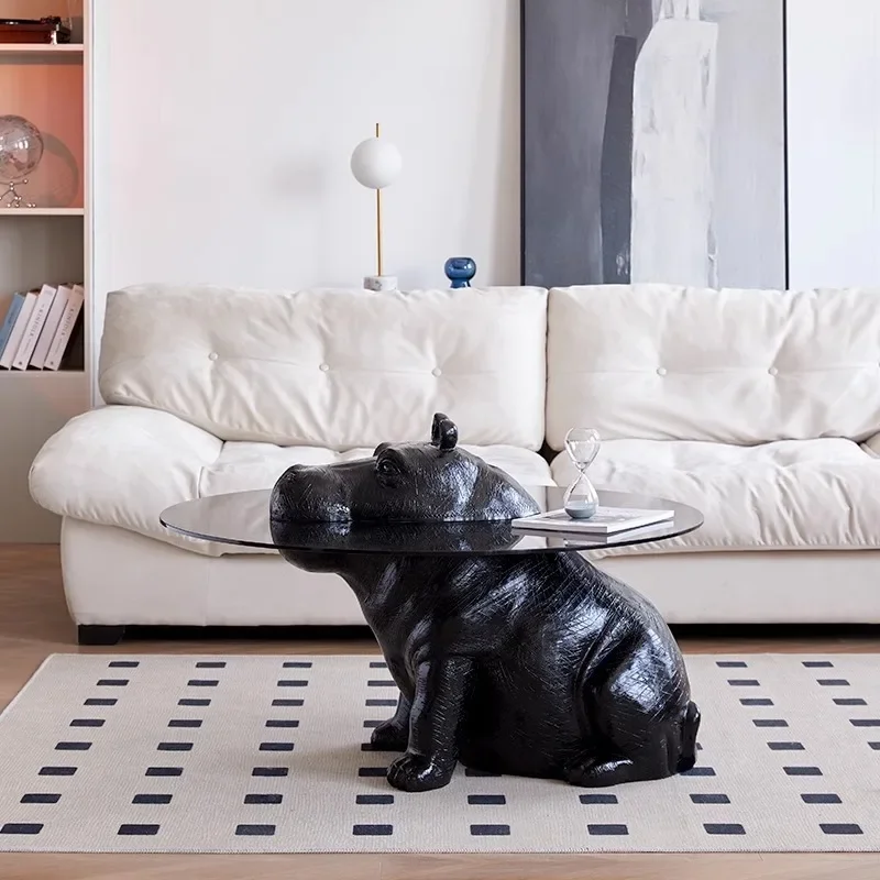 โต๊ะกาแฟฮิปโป สำหรับห้องนั่งเล่น สไตล์เรโทร สร้างสรรค์ กระจกนิรภัยทรงกลม ขนาดเล็ก เหมาะสำหรับอพาร์ทเมนต์ โต๊ะดีไซน์เนอร์