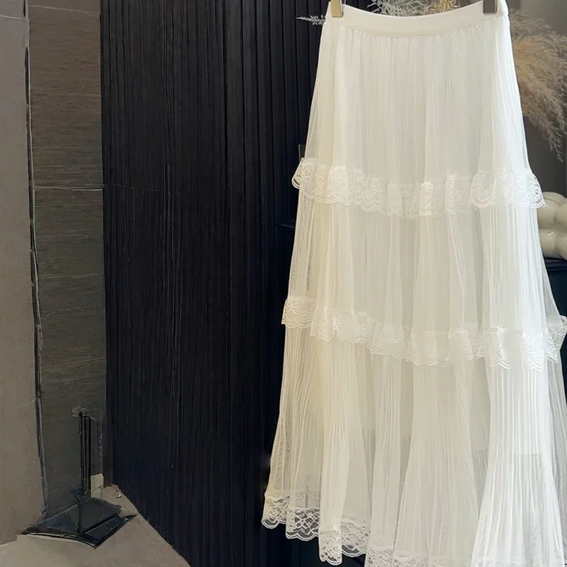 Sweet White Long Skirt Tiered Skirt Women Casual Loose High Waist Elegant Skirt Vintage Lace Patchwork Korean Summer Long Skirts