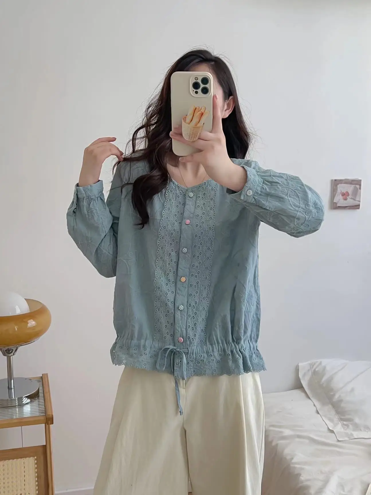 Japan Style Sweet Mori Girl Lace Crocheted Embroidery Shirts Women Spring Autumn O-Neck Long Sleeve White Cotton Blouse Tops