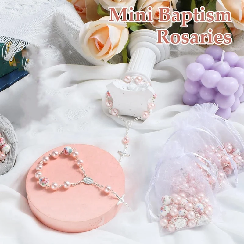 FBIL-Baptism Favors For Girls Include 25 Pcs Pink Baptism Rosary Baby Rosary Mini Rosary 25 Pcs Organza Bags Baptism Gifts