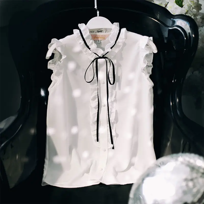 Elegant Solid Color Loose Lace Up Bow Ruffles Chiffon Shirt Female Clothing 2023 Summer New Casual Tops Sleeveless Sweet Blouse