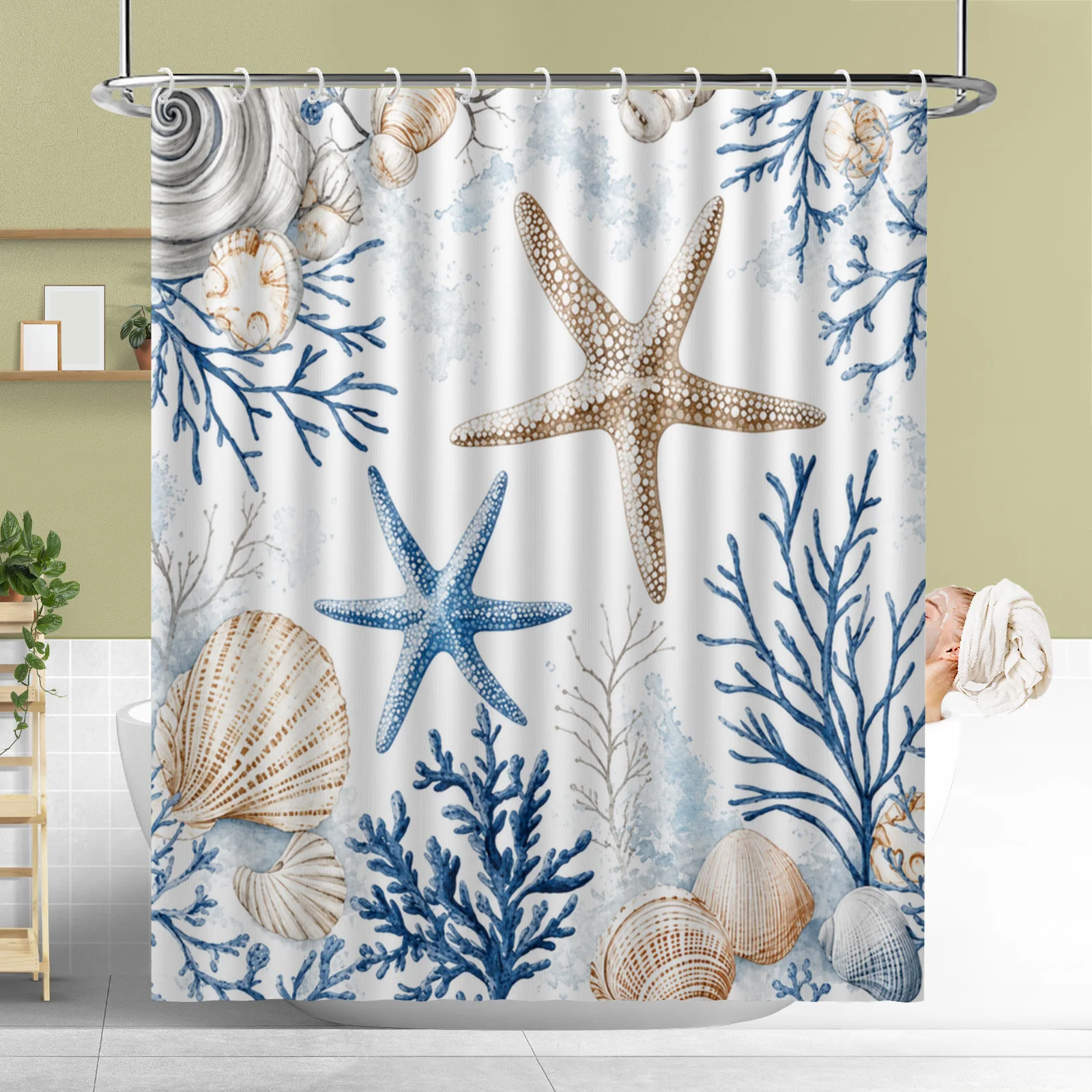 Under The Sea Coral Starfish Shower Curtain with Hooks Waterproof Polyester Fabric Bathroom Modern Curtains Decor for Bath Room