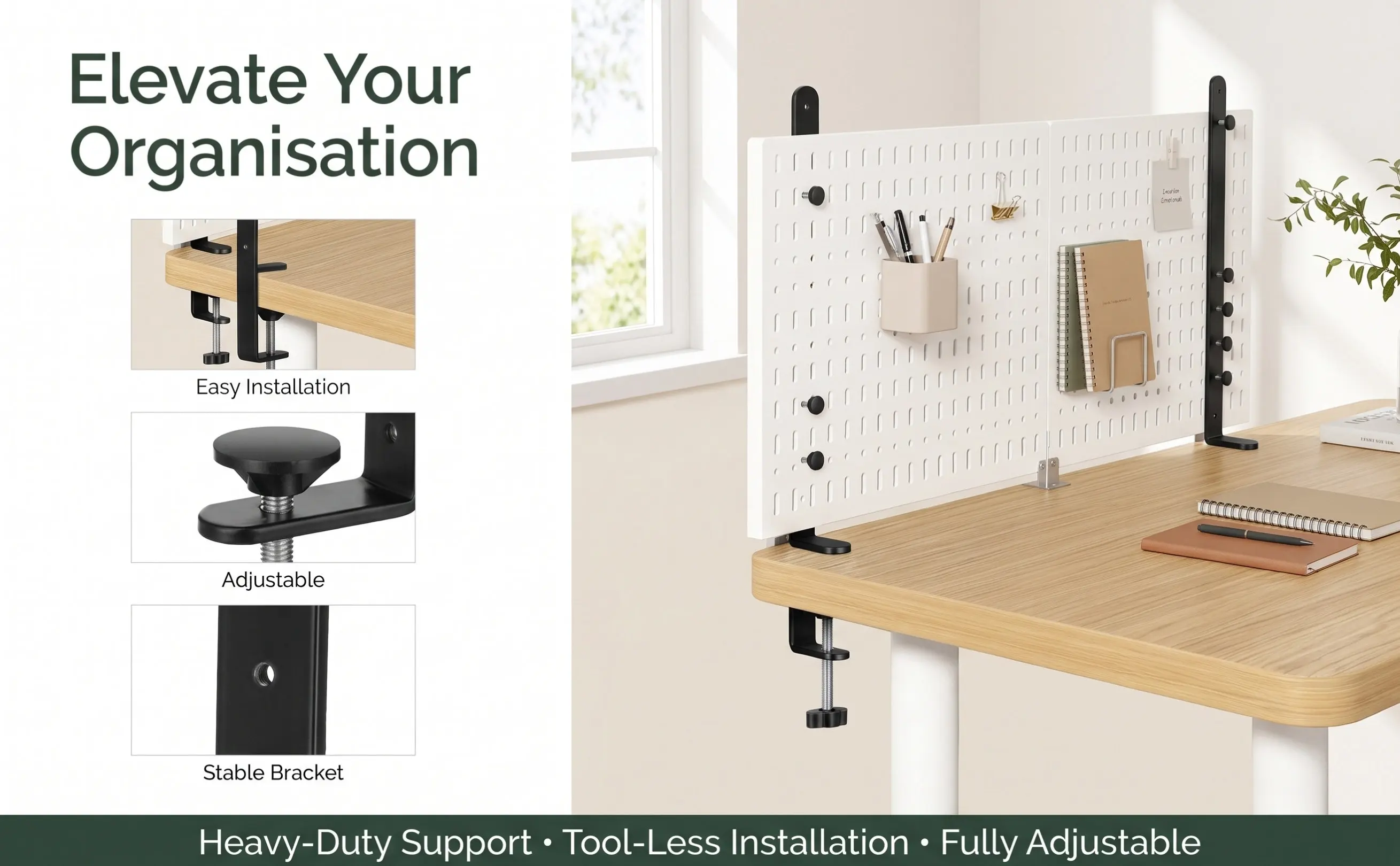 2Pcs Adjustable Desktop Stand for Pegboards Height Adjustable Stable Clamp for Organizing Tools Tablets Office Supplies Black