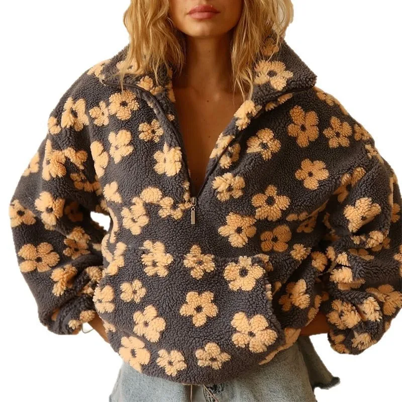 Roupa feminina 2025 outono novo estilo shearling impressão hoodie solto com zíper manga longa moda casual topo
