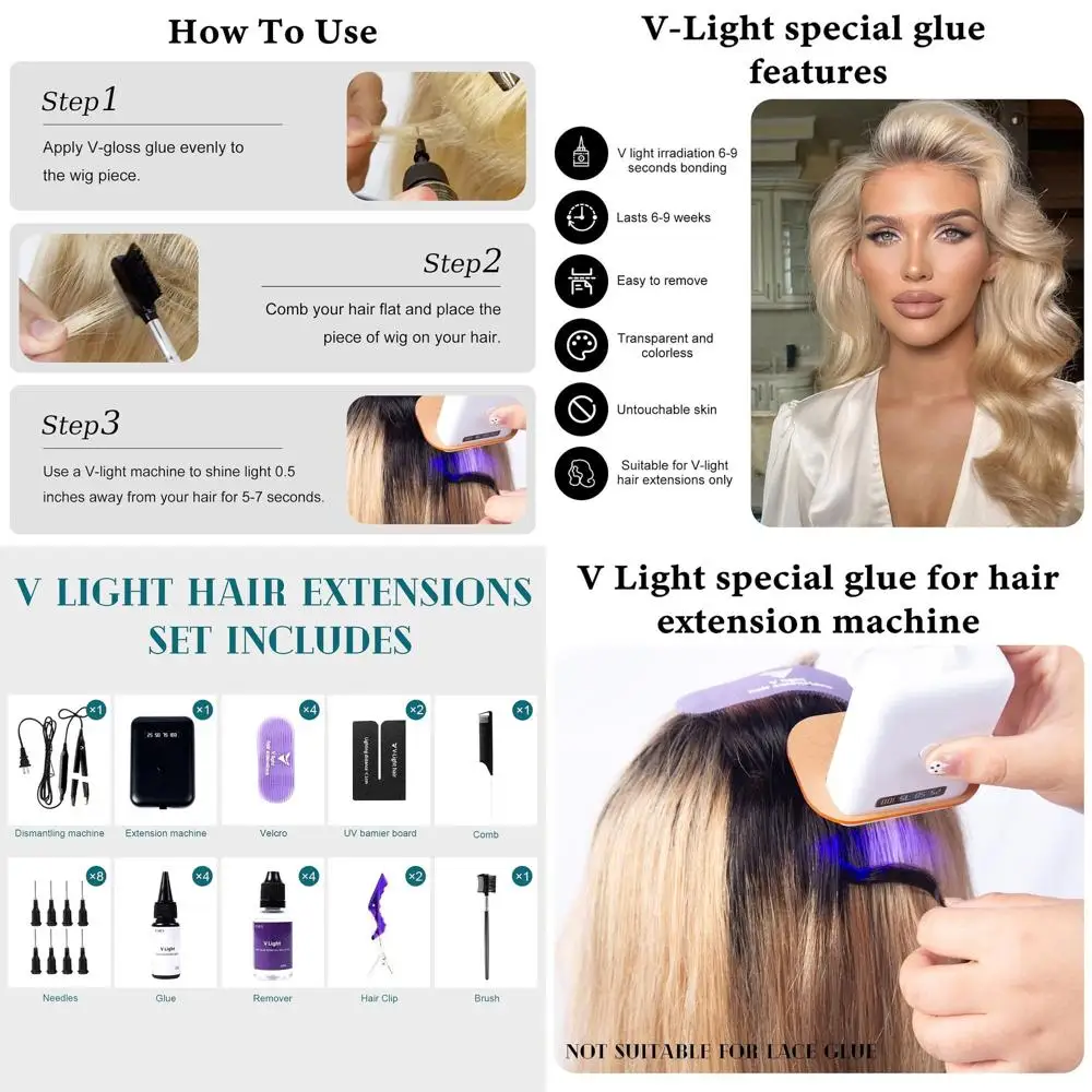 

Mini Hair Extension Set with Light Lamp, Glue, Remover, and Styling Tools