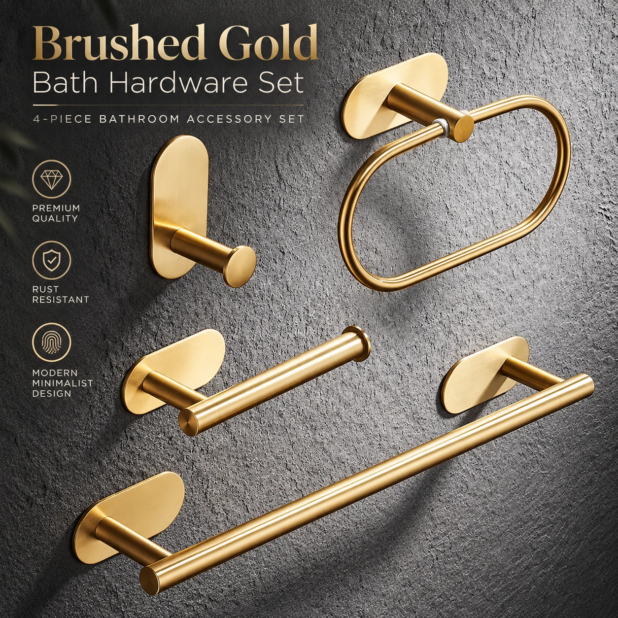 No Drill 304 Stainless Steel Bathroom Hardware Set Rust Proof Towel Bar Ring Toilet Paper Holder Wall Mount Accessory Kit