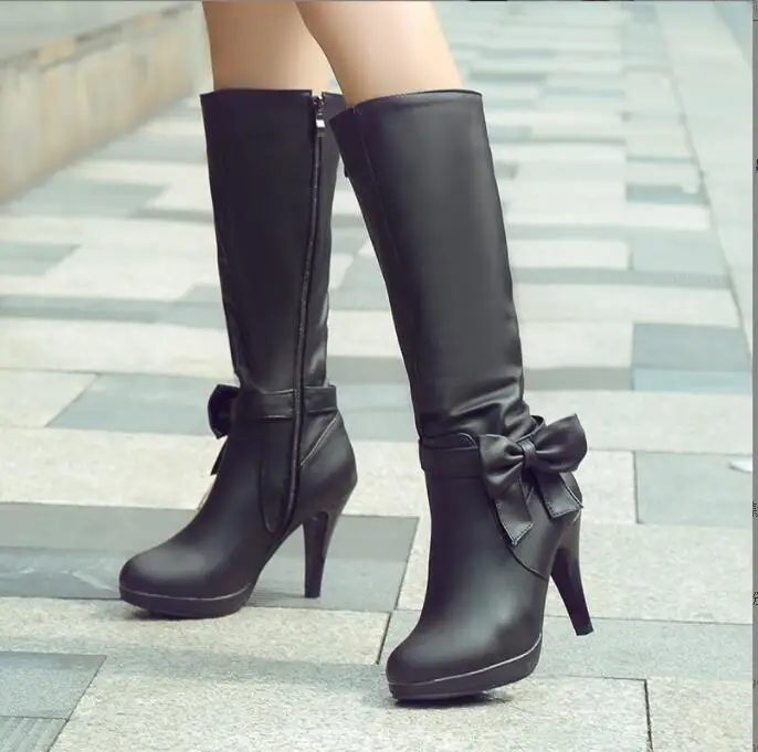 New Fashion Knee High bowknot Boots Women Shoes Autumn Winter Women\'s High Boots Black White Blue Long Shoes Ladies Large Size