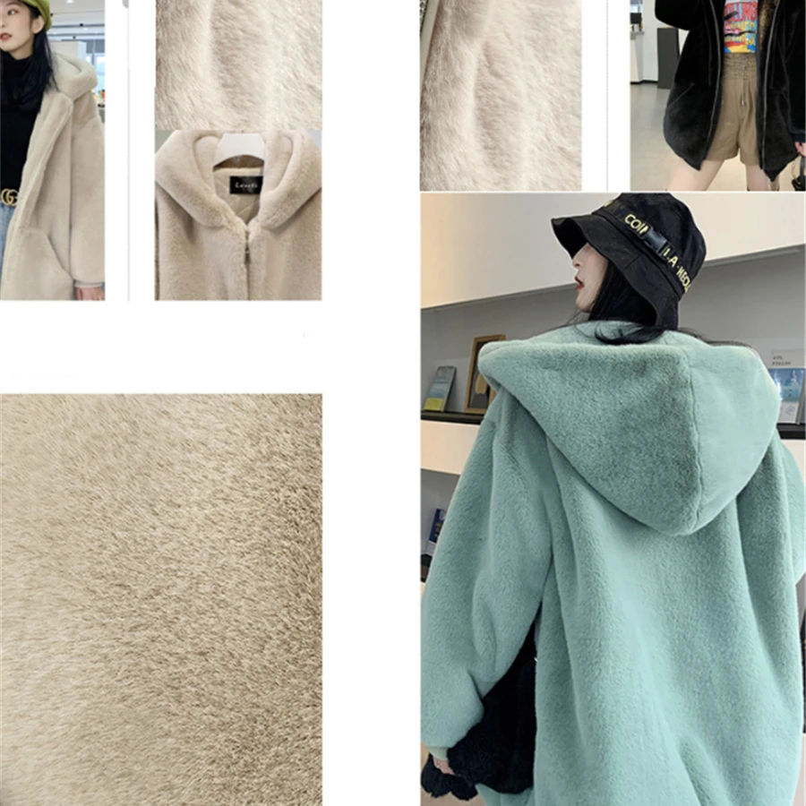 Women Warm Thick Overcoat Plush Outwear Top Pink Elegant Fashion Korean Jackets Winter Mid-length Faux Rabbit Fur Hooded Coat