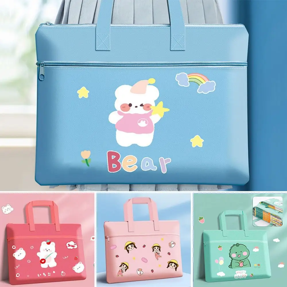 Cute Double Layer Cartoon File Bag Zipper Canvas File Bag Cartoon Large Capacity Student Tote Learning Supplies