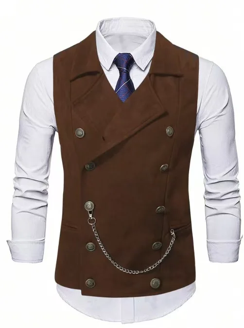 Men's Double Breasted Vest with Chain, Formal Business Waistcoat, Multi-Color Office Wedding Sleeveless Jacket - view 2