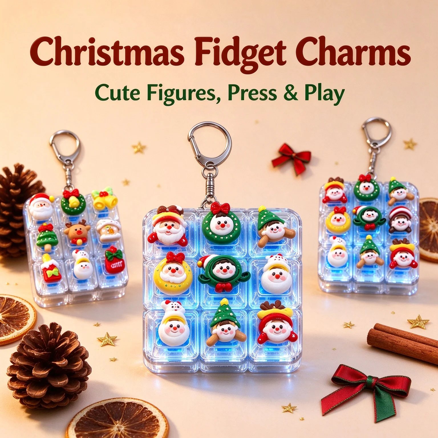 Christmas Light Up Keychain Fidget Keyboard Keycap Acrylic Clicker Stress Relief with LED for Backpack Keyring Decor Gifts 2027