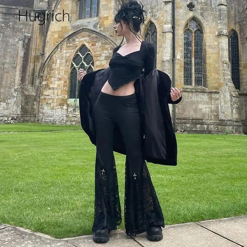 Grunge Punk Cross Embellished Flare Pants for Women High Rise Side Sheer Lace Cut Inserts Bell Bottom Black Gothic Trouser