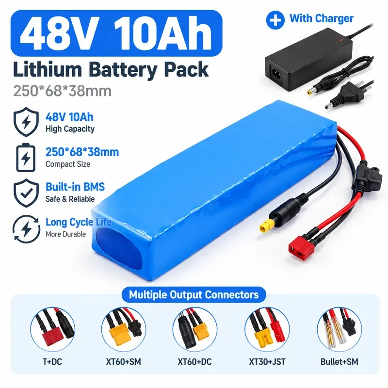 48V 13S2P 10Ah 18650 Lithium Ion Battery Pack Rechargeable Li-ion Battery with 54.6V Charger High Capacity Power Source