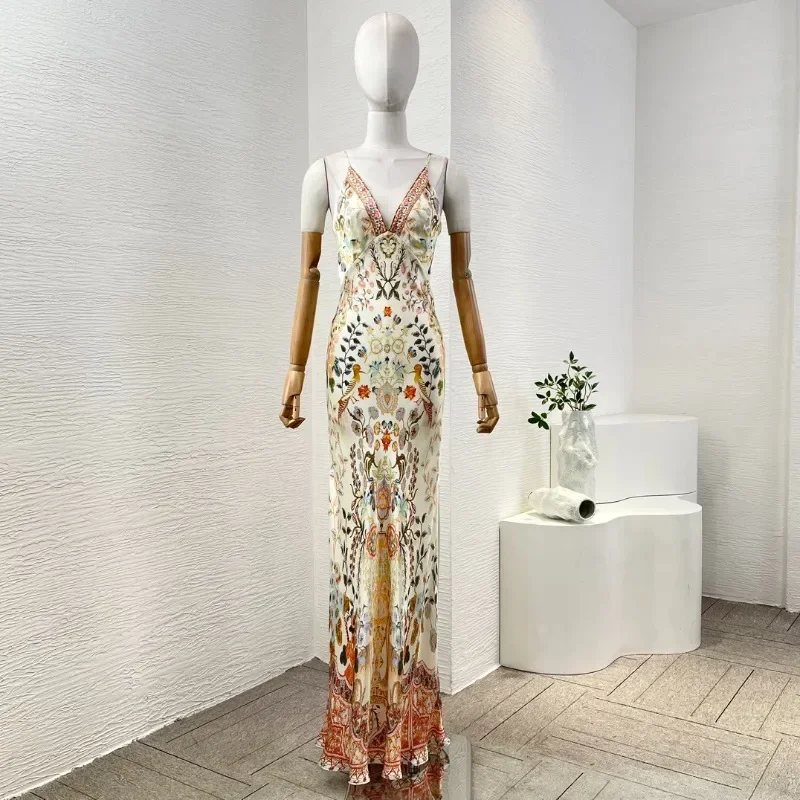 

Pure Silk High Quality Floral Print Sleeveless Backless Diamonds Camisole Women Vintage Beach Style Maxi Dress for Holiday