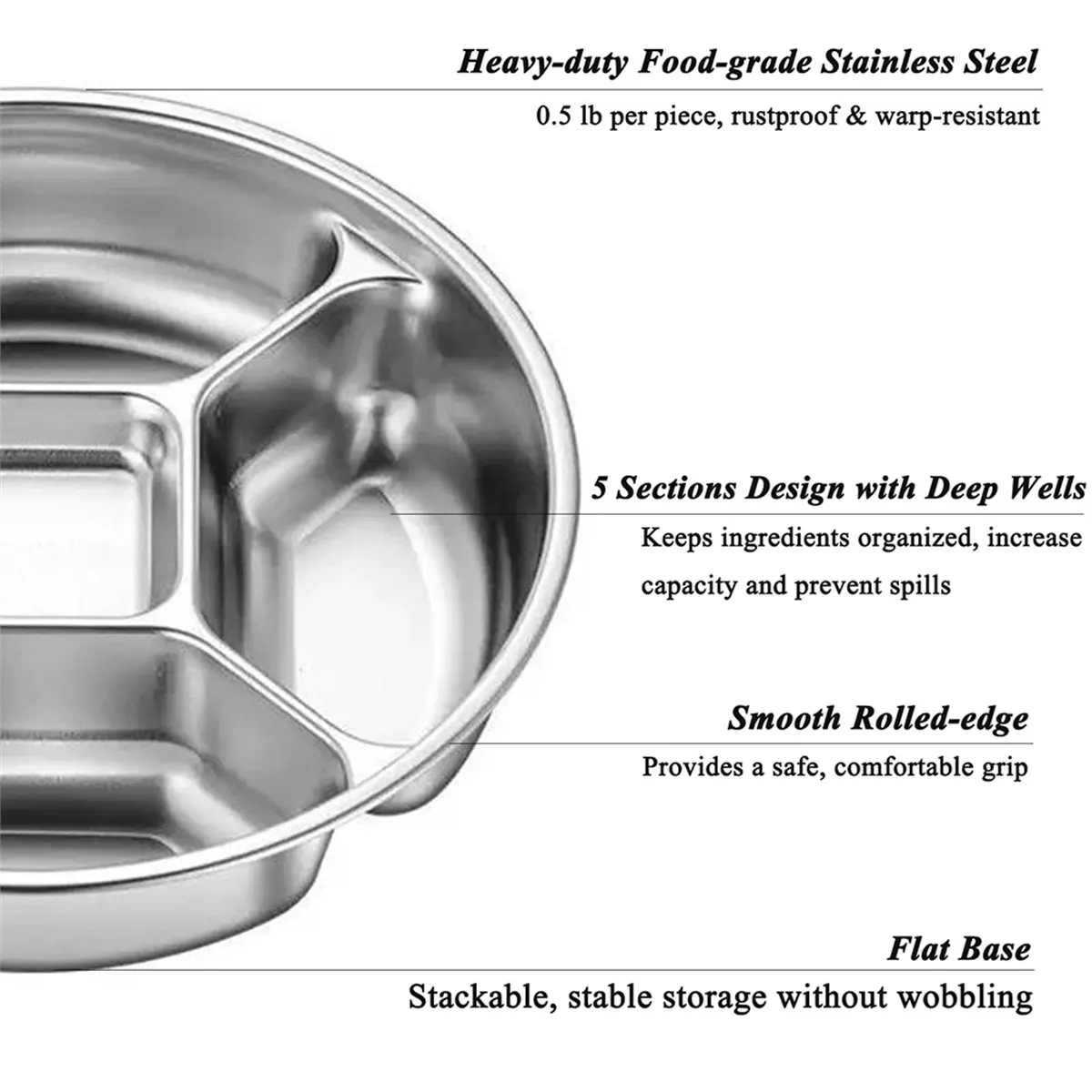 2-Pack Stainless Steel Divided Plates, 5-Section Unbreakable Metal Serving Tray