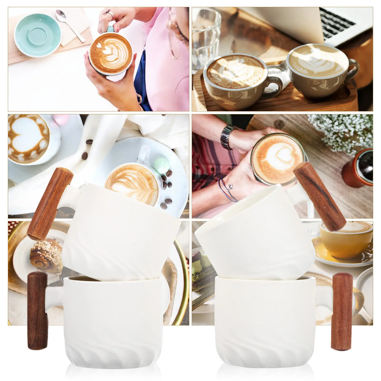 

Набор из 4 керамических кофейных чашек: минималистичные фарфоровые кружки для эспрессо с деревянными ручками, чайные чашки для сервировки стола, кухонная посуда для напитков