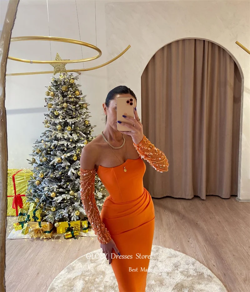 Oloey sexy Schatz orange Meerjungfrau Abendkleider Glitzer lange Ärmel Stretch Ballkleider formelle Party Anlass Kleid Vestido