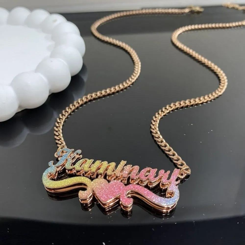 

Custom Name Necklace 45cm Cuban Chain Colorful Sticker Letters Double-layer Nameplate Necklace Christmas and Birthday Gifts
