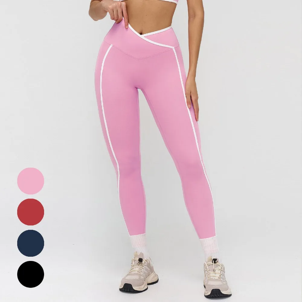 Women V-Waist Contrast Color Yoga Leggings Cross Waist Quick Dry Workout Pants Outdoor Running Sports Tights