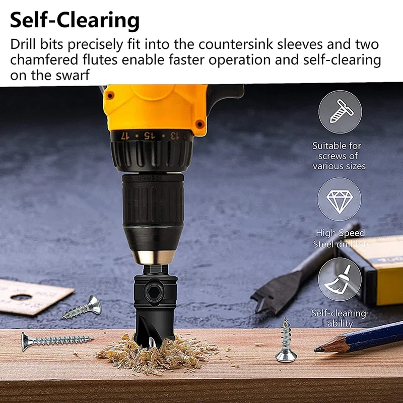 Brocas ajustáveis, HSS Madeira Brocas, pia Buraco perfuração Tool Kit, 82 ° chanfro, Quick-Change, Novo, 5-Piece Set, 3/8"