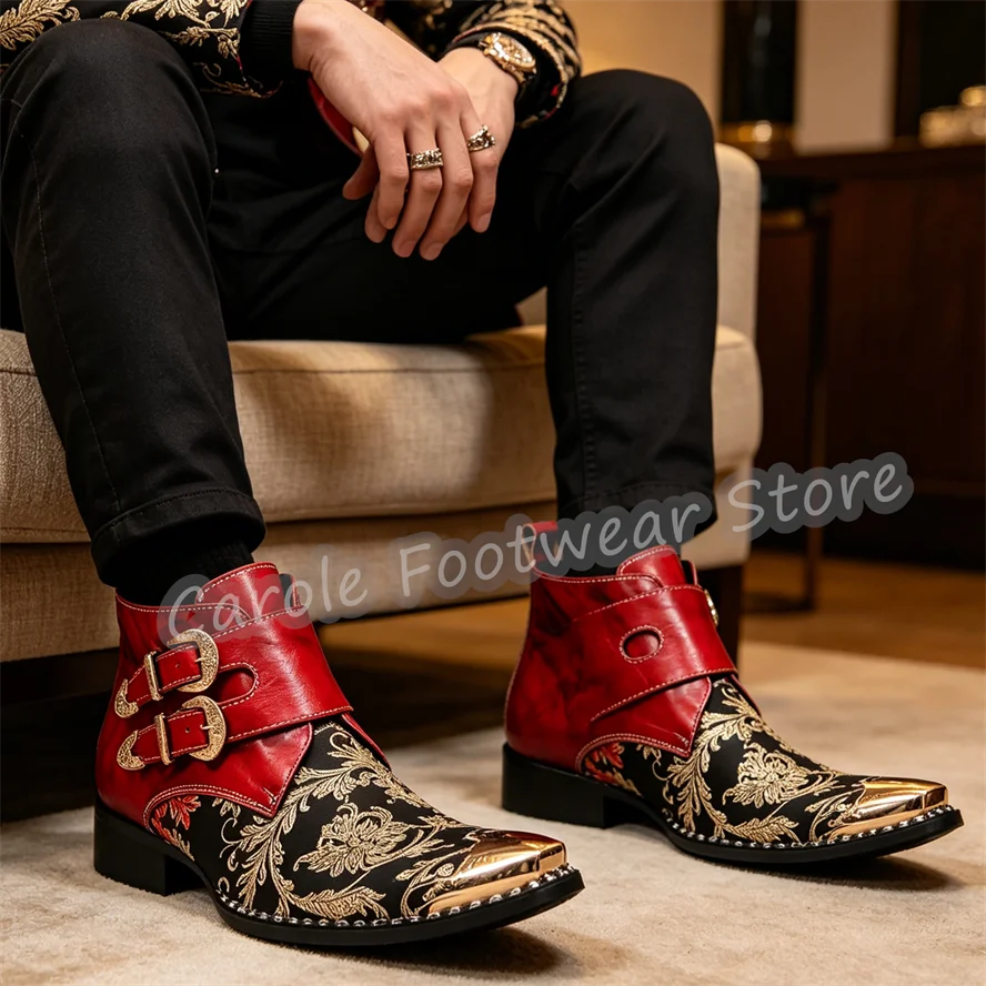 

Luxury Embroidery Genuine Leather Ankle Boots Male Metal Belt Buckle Punk Pointed Toe High Top Boots Wedding Party Dress Shoes