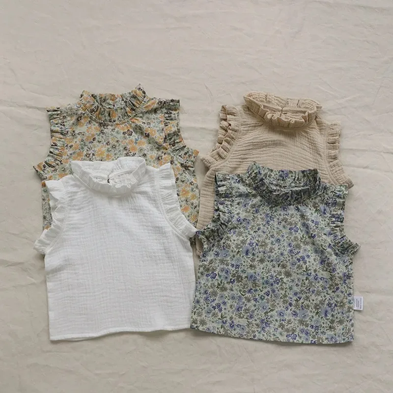 

Summer Toddlers Kids Floral Printed Sleeveless Shirts Ruched Vest Tops Baby Children Korean Style Blouses