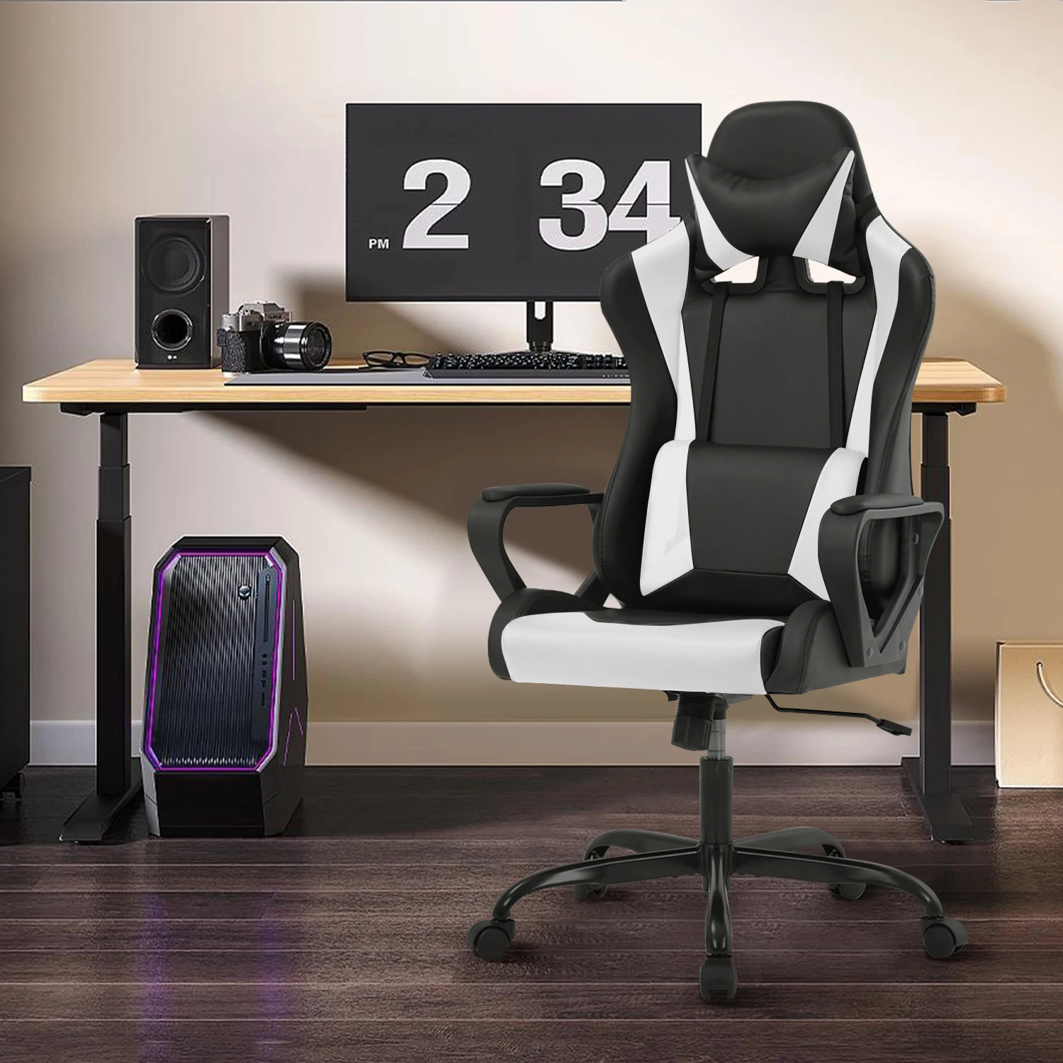 

Игровое кресло Офисный компьютерный кожаный стол Гоночное кресло с высокой спинкой Эргономичное вращающееся рабочее кресло с подголовником и поясничной опорой