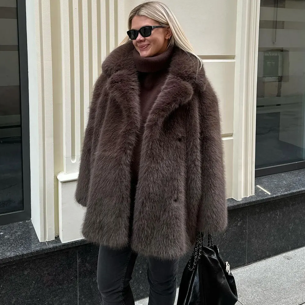 Oversized Mid-Length Women's Faux Fur Coat Suit Collar Loose Imitation Fox Fur Plush Coats Warm Soft Thick Winter Fur Overcoat